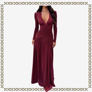 Burgundy deep V-neck long-sleeved dress with a slit